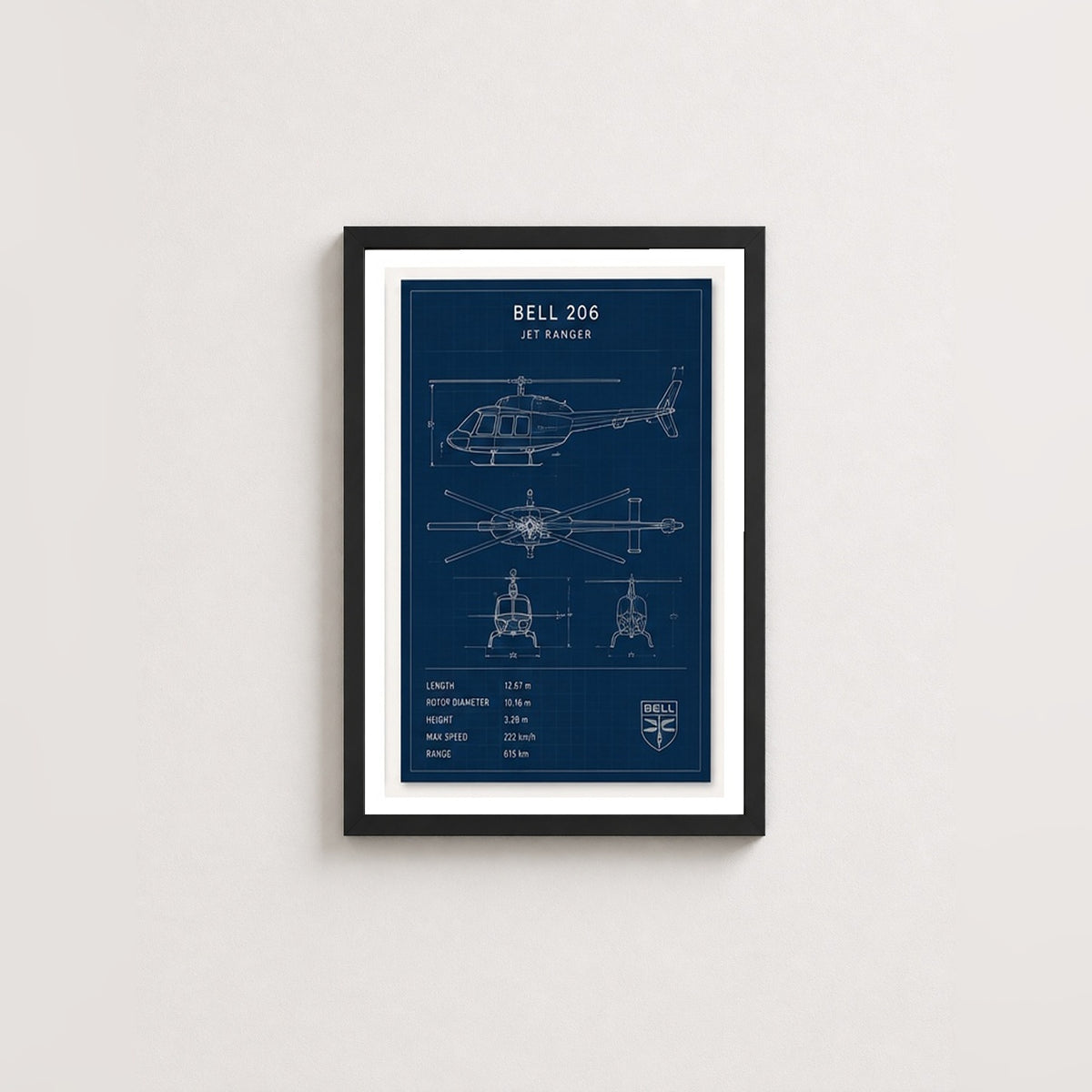 Bell 206 Jet Ranger – Teknik Çizim Çerçeveli Poster — Siyah — Paspartulu — TabloLab