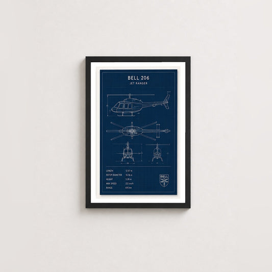Bell 206 Jet Ranger – Teknik Çizim Çerçeveli Poster — Siyah — Paspartulu — TabloLab