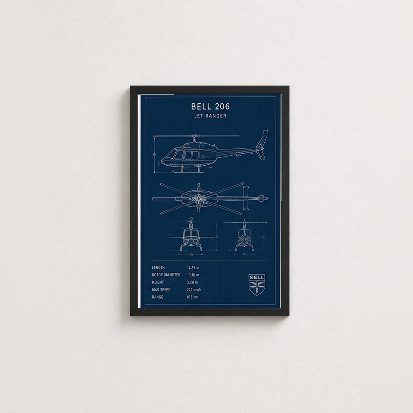 Bell 206 Jet Ranger – Teknik Çizim Çerçeveli Poster — Siyah — Paspartusuz — TabloLab