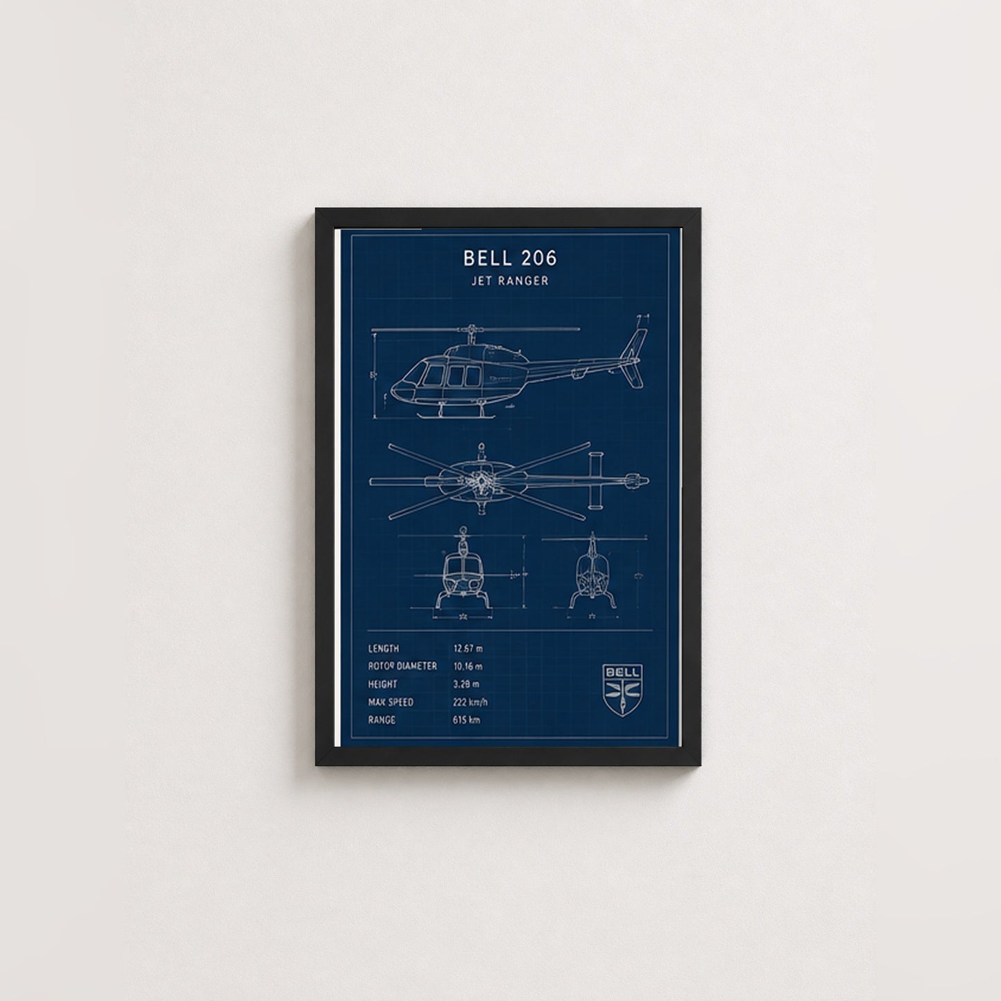 Bell 206 Jet Ranger – Teknik Çizim Çerçeveli Poster — Siyah — Paspartusuz — TabloLab