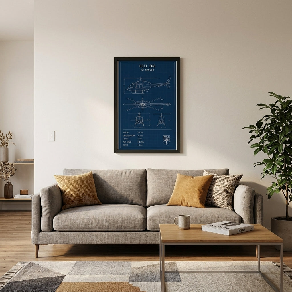 Bell 206 Jet Ranger – Teknik Çizim Çerçeveli Poster — Siyah — Paspartusuz — TabloLab
