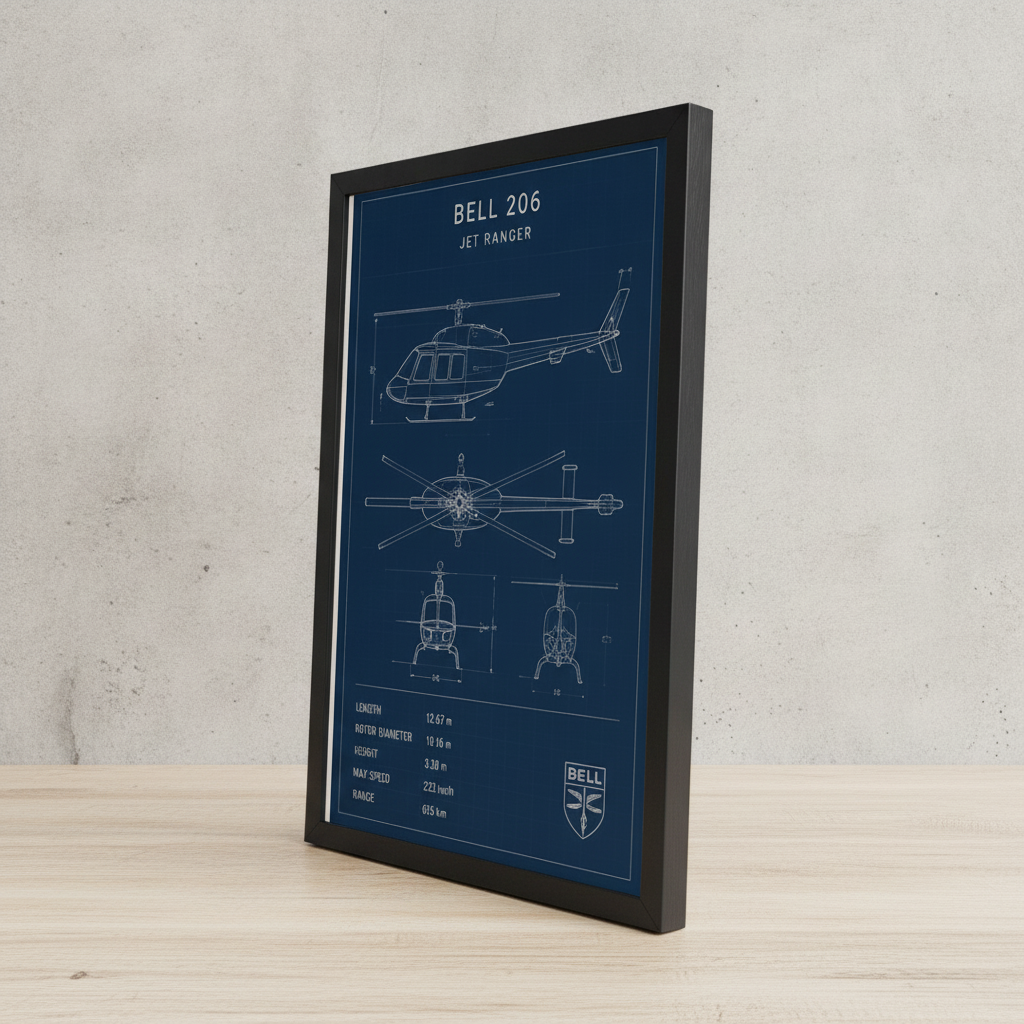 Bell 206 Jet Ranger – Teknik Çizim Çerçeveli Poster — Siyah — Paspartusuz — TabloLab