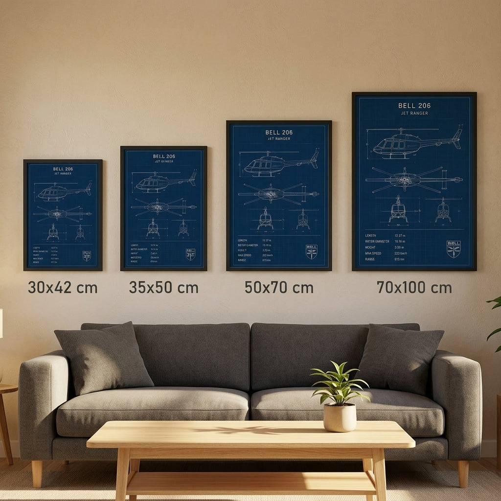 Bell 206 Jet Ranger – Teknik Çizim Çerçeveli Poster — Siyah — Paspartusuz — TabloLab