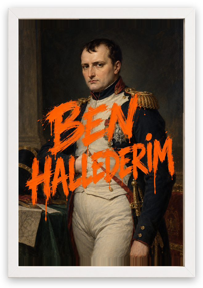 Ben Hallederim — Napolyon — özgün eser üzeri yazılı hazır tasarım, Beyaz çerçeve
