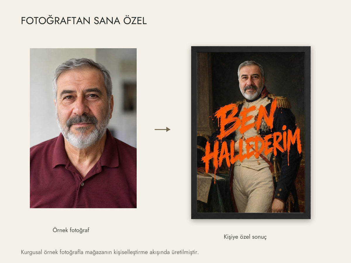 Kurgusal örnek fotoğraf ve aynı fotoğrafın canlı kişiselleştirme sonucu; müşteri fotoğrafı değildir