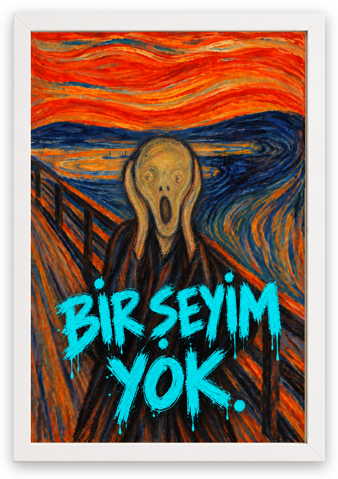 Bir Şeyim Yok — Çığlık — özgün eser üzeri yazılı hazır tasarım, Beyaz çerçeve — çizgisel figürlü güncel tasarım