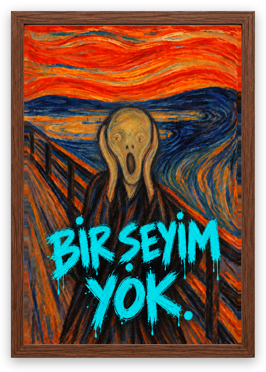Bir Şeyim Yok — Çığlık — özgün eser üzeri yazılı hazır tasarım, Ceviz çerçeve — çizgisel figürlü güncel tasarım