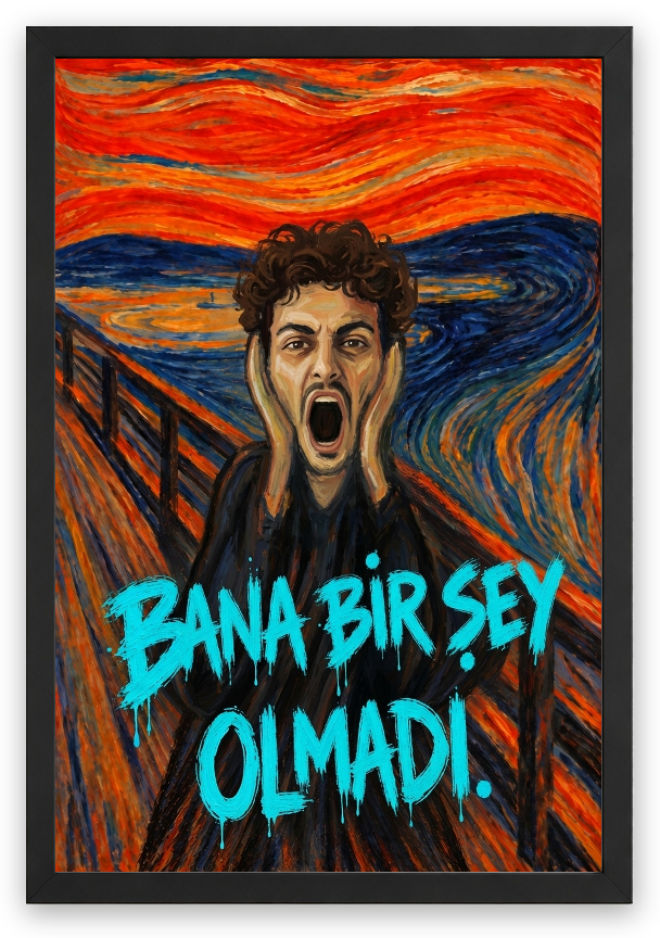 Aynı örnek fotoğrafla farklı söz: BANA BİR ŞEY OLMADI — gerçek kişiselleştirme sonucu — çizgisel figürlü güncel tasarım