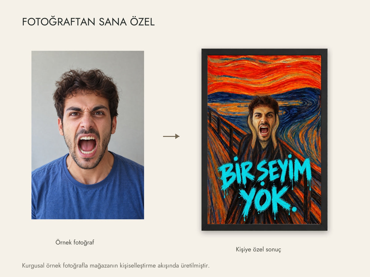 Kurgusal örnek fotoğraf ve aynı fotoğrafın canlı kişiselleştirme sonucu; müşteri fotoğrafı değildir — çizgisel figürlü güncel tasarım