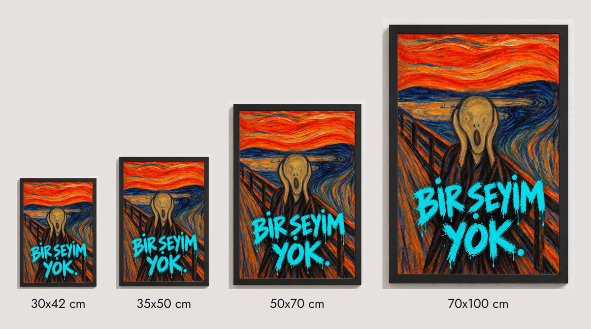 Bir Şeyim Yok — Çığlık — hazır tasarım ölçü karşılaştırması — çizgisel figürlü güncel tasarım
