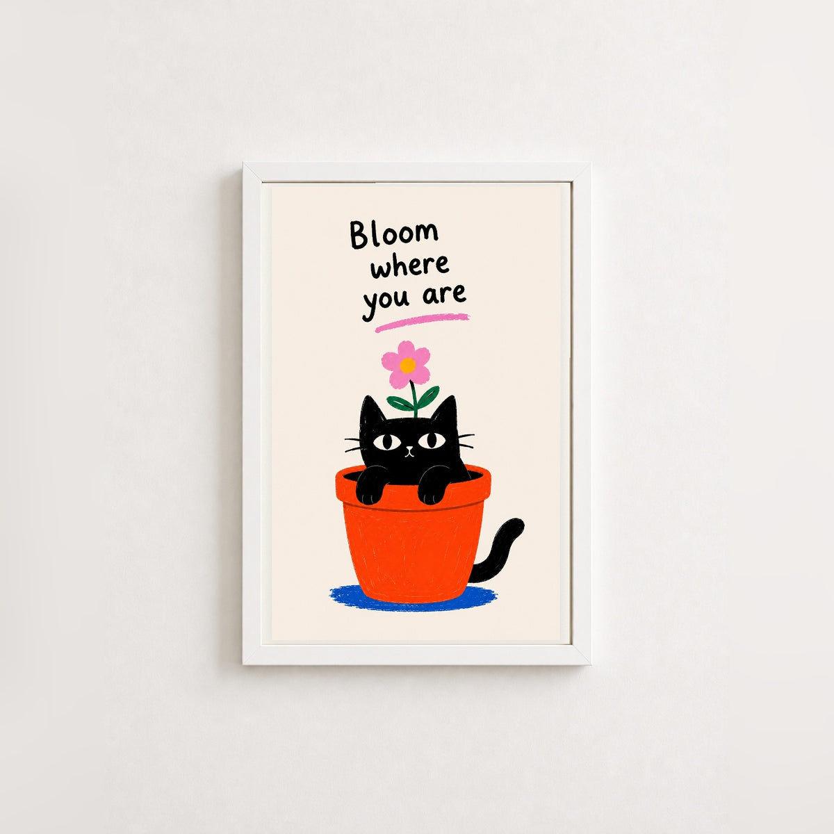 Çiçeklenen Kedi – İllüstrasyon Çerçeveli Poster — Beyaz — Beyaz Kenarlı — TabloLab
