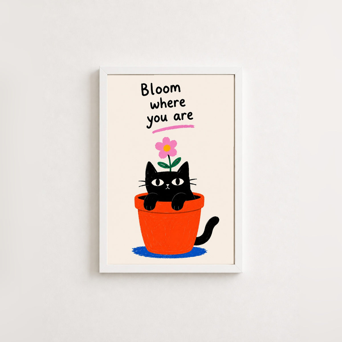 Çiçeklenen Kedi – İllüstrasyon Çerçeveli Poster — Beyaz — Tam Baskı — TabloLab