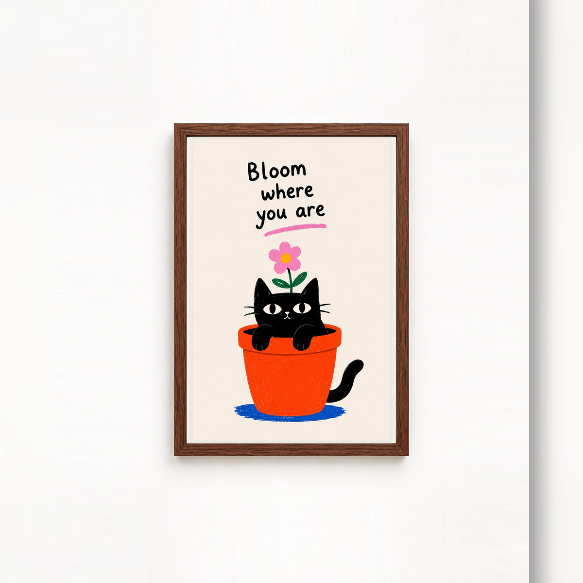 Çiçeklenen Kedi – İllüstrasyon Çerçeveli Poster — Ceviz — Beyaz Kenarlı — TabloLab