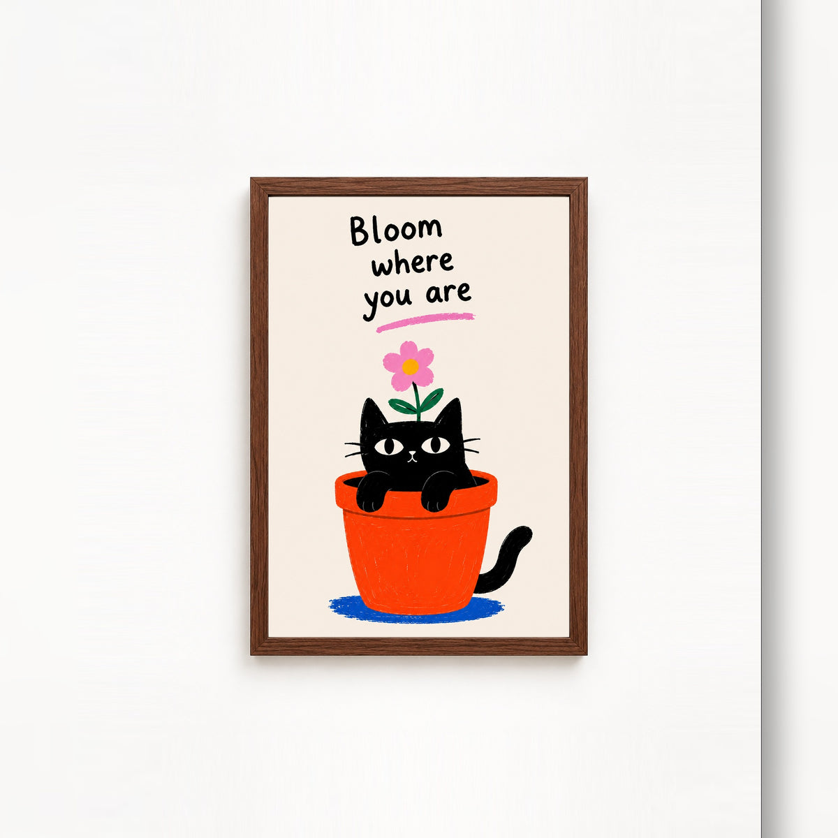 Çiçeklenen Kedi – İllüstrasyon Çerçeveli Poster — Ceviz — Tam Baskı — TabloLab