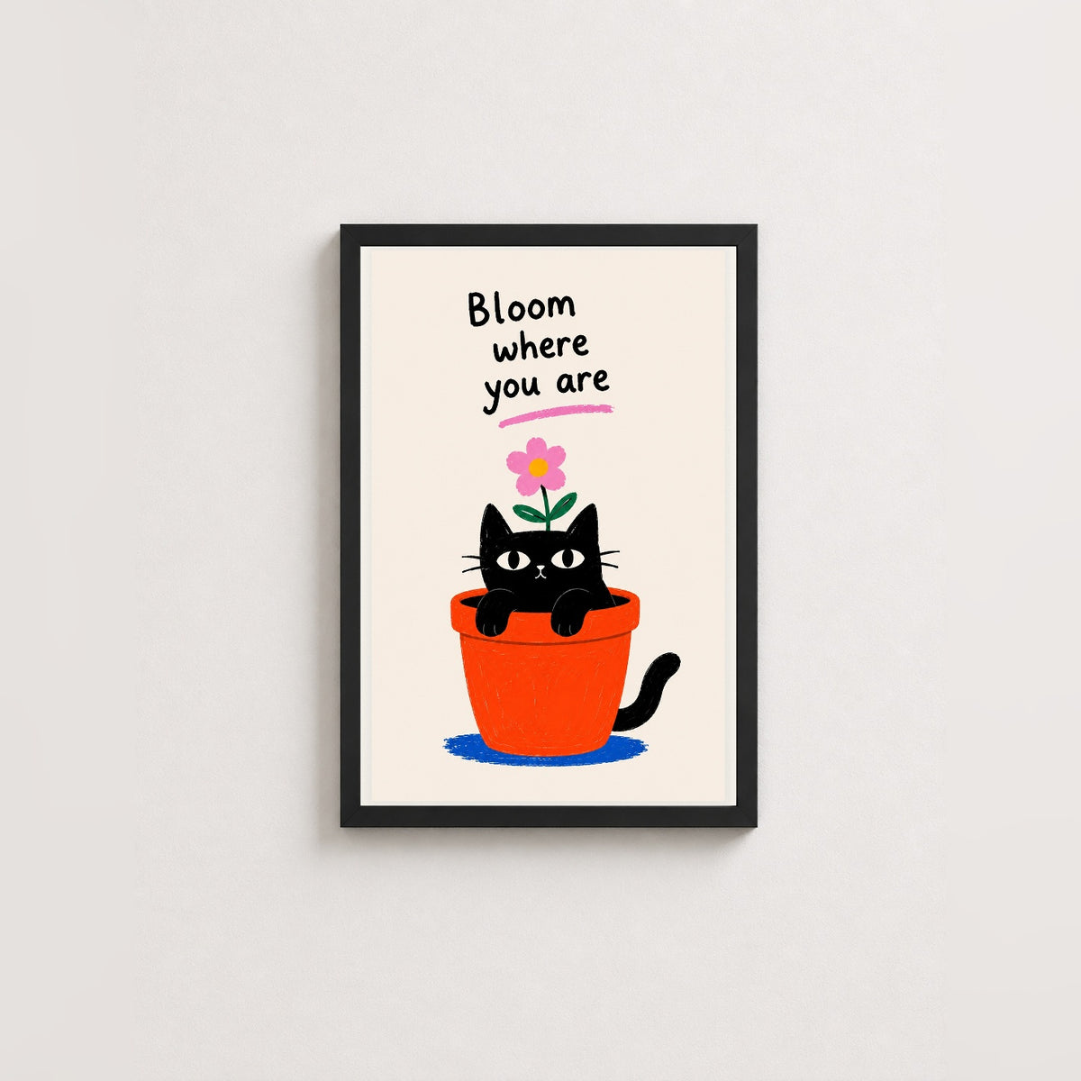 Çiçeklenen Kedi – İllüstrasyon Çerçeveli Poster — Siyah — Beyaz Kenarlı — TabloLab