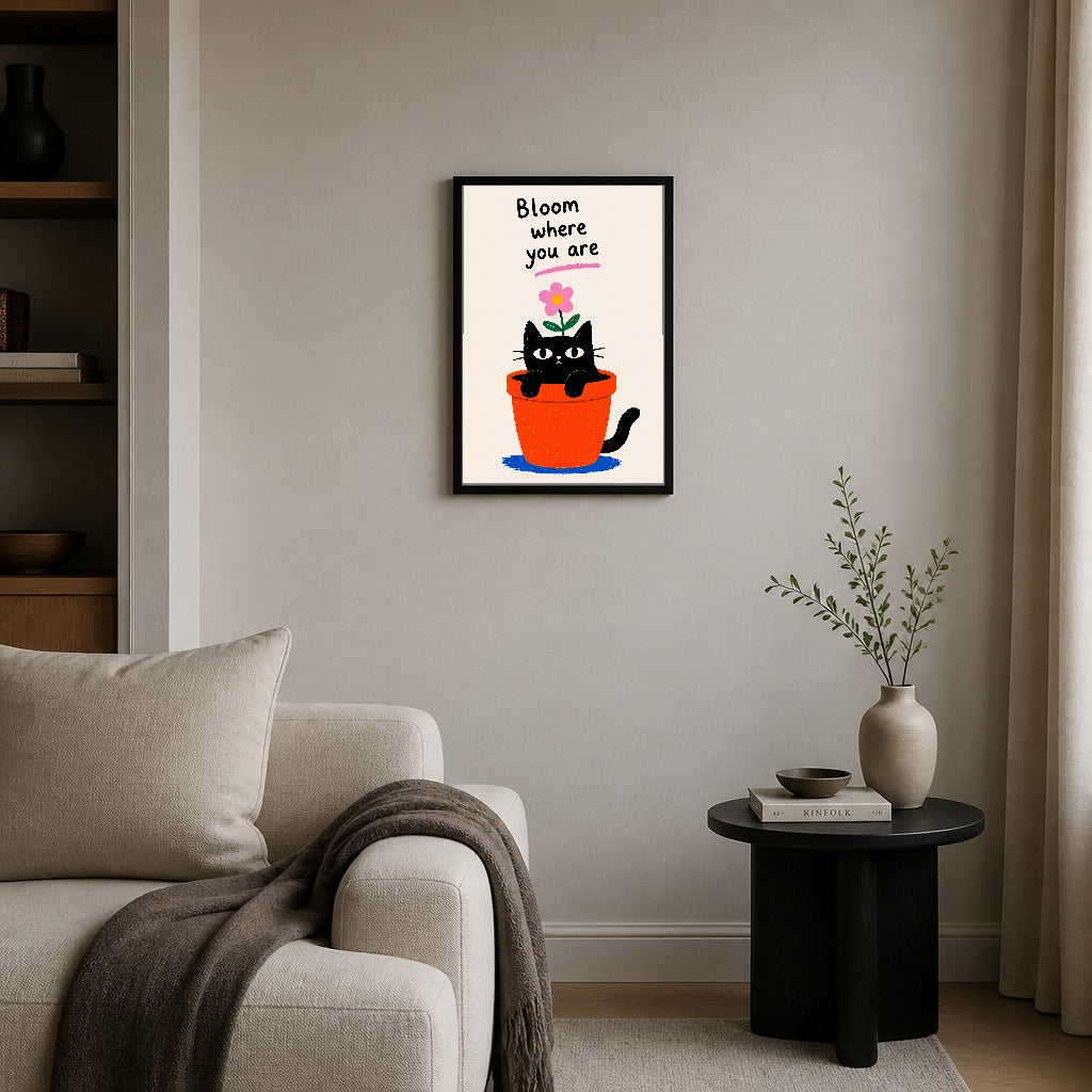 Çiçeklenen Kedi – İllüstrasyon Çerçeveli Poster — Siyah — Tam Baskı — TabloLab