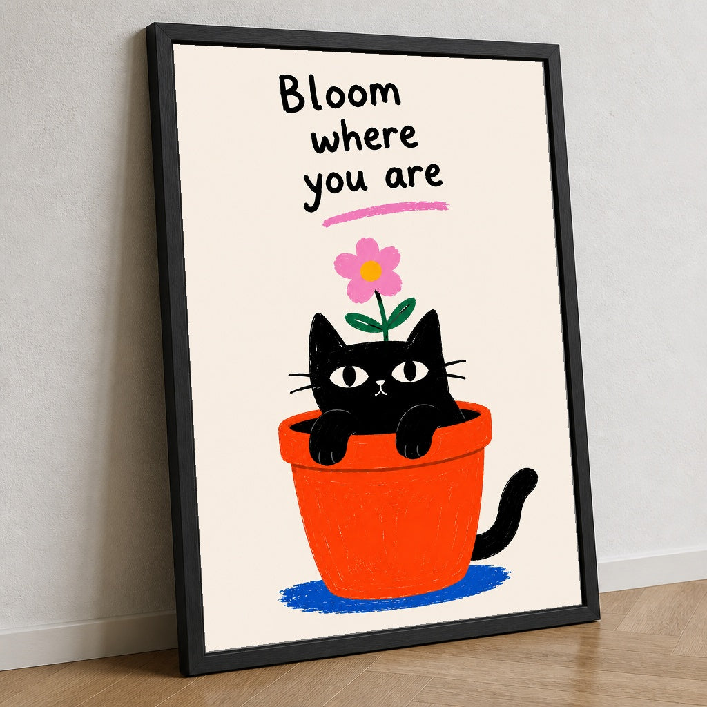 Çiçeklenen Kedi – İllüstrasyon Çerçeveli Poster — Siyah — Tam Baskı — TabloLab