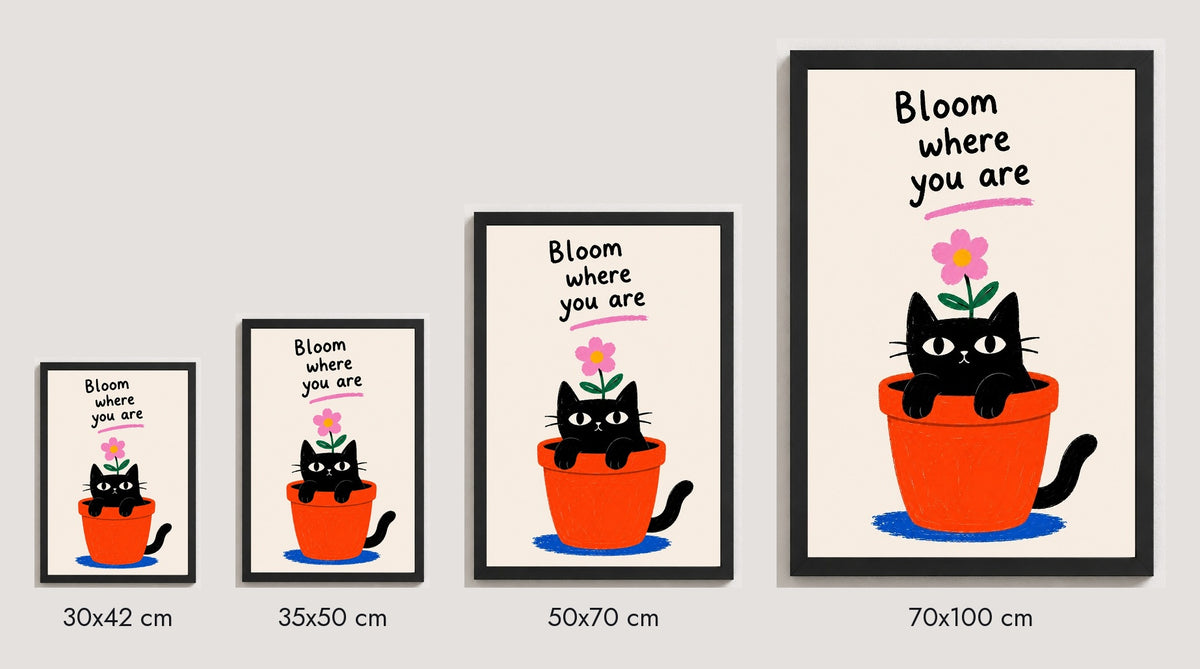 Çiçeklenen Kedi – İllüstrasyon Çerçeveli Poster — Siyah — Tam Baskı — TabloLab