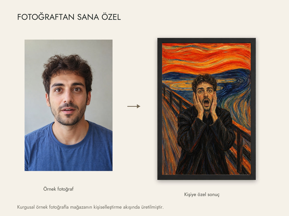 Kurgusal örnek fotoğraf ve aynı fotoğrafın canlı kişiselleştirme sonucu; müşteri fotoğrafı değildir