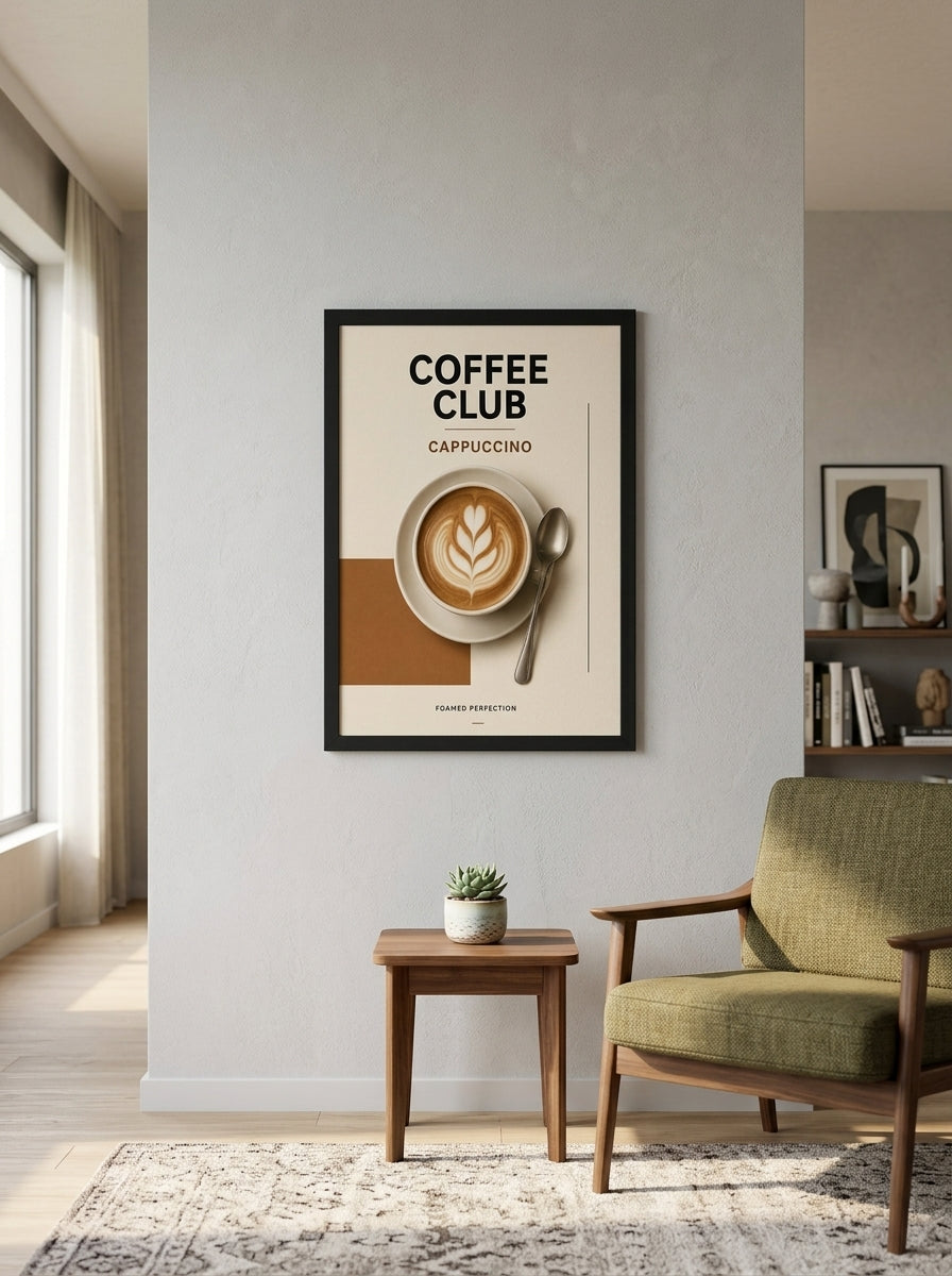 Coffee Club Cappuccino – Modern Çerçeveli Poster — Siyah Çerçeve — TabloLab