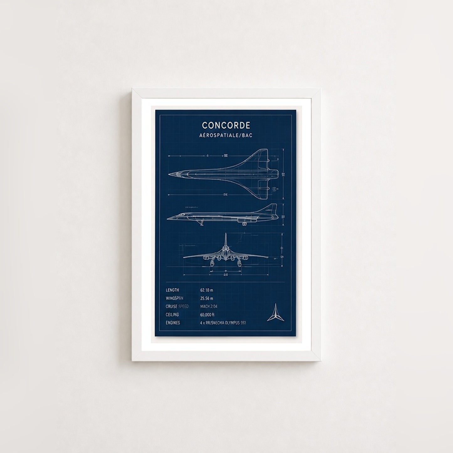 Concorde Teknik Çizimi – Teknik Çerçeveli Poster — Beyaz — Paspartulu — TabloLab