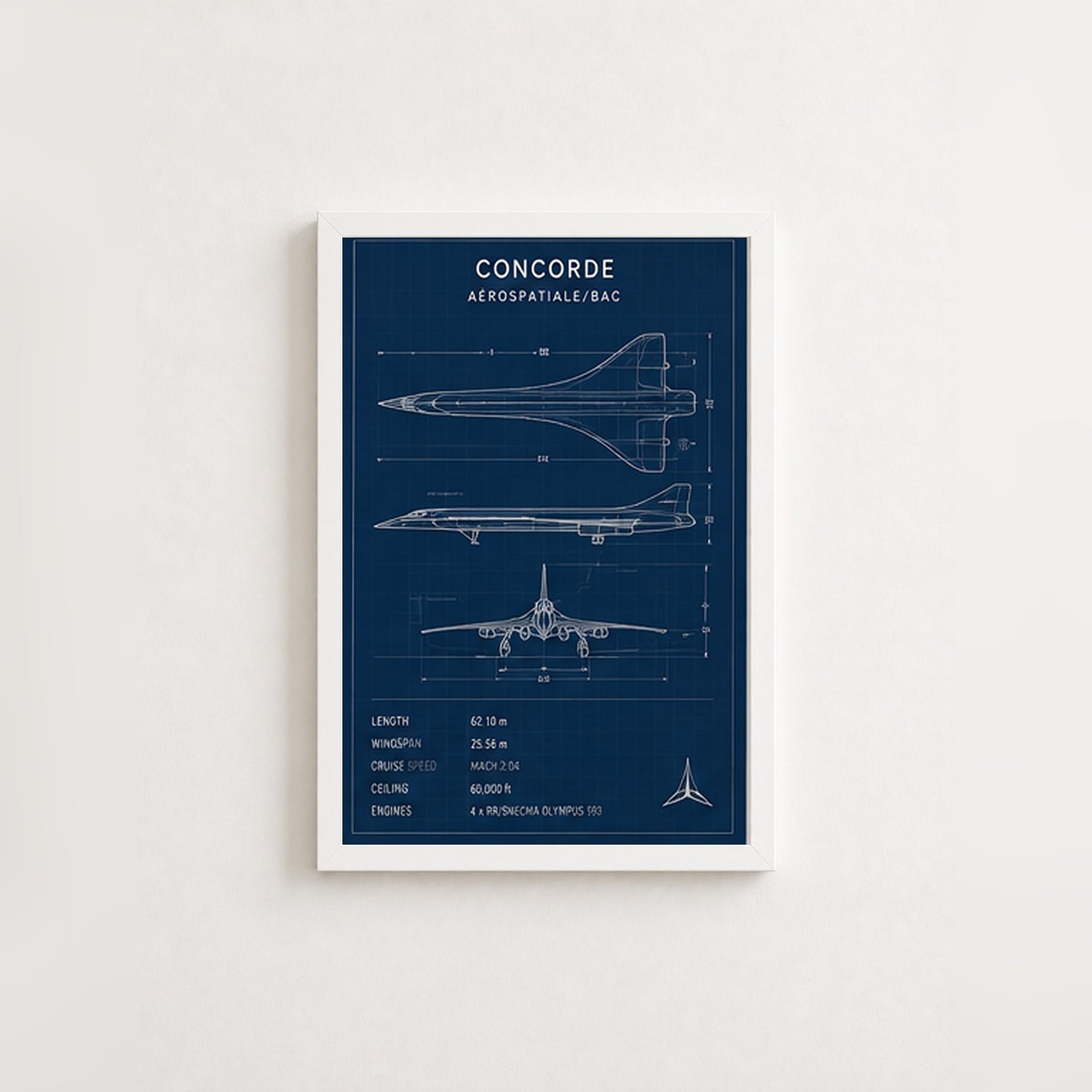 Concorde Teknik Çizimi – Teknik Çerçeveli Poster — Beyaz — Paspartusuz — TabloLab