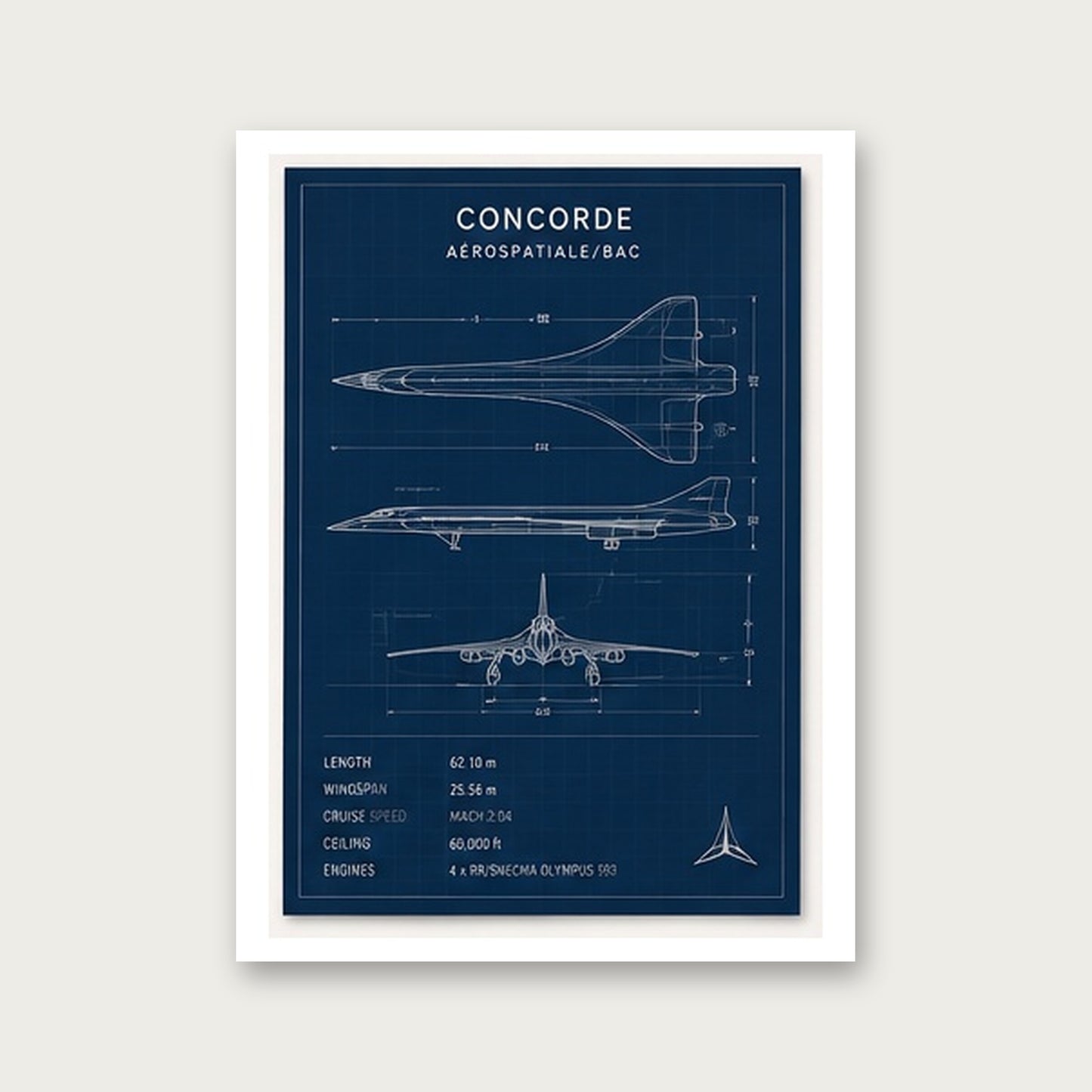 Concorde Teknik Çizimi – Teknik Çerçeveli Poster — Çerçevesiz — Paspartulu — TabloLab