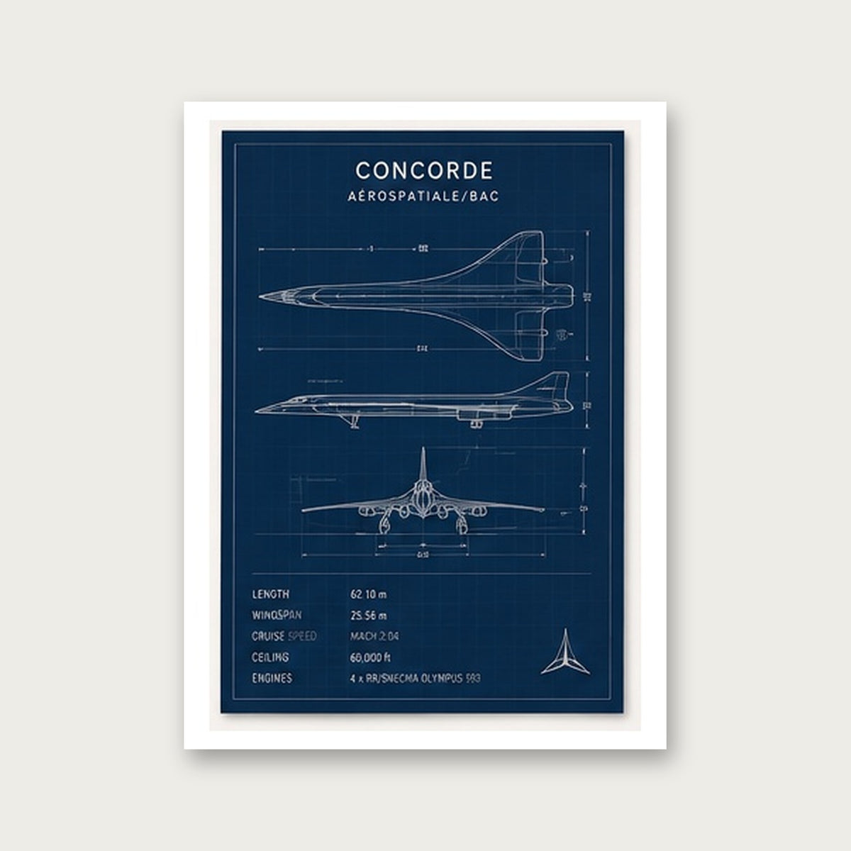Concorde Teknik Çizimi – Teknik Çerçeveli Poster — Çerçevesiz — Paspartulu — TabloLab