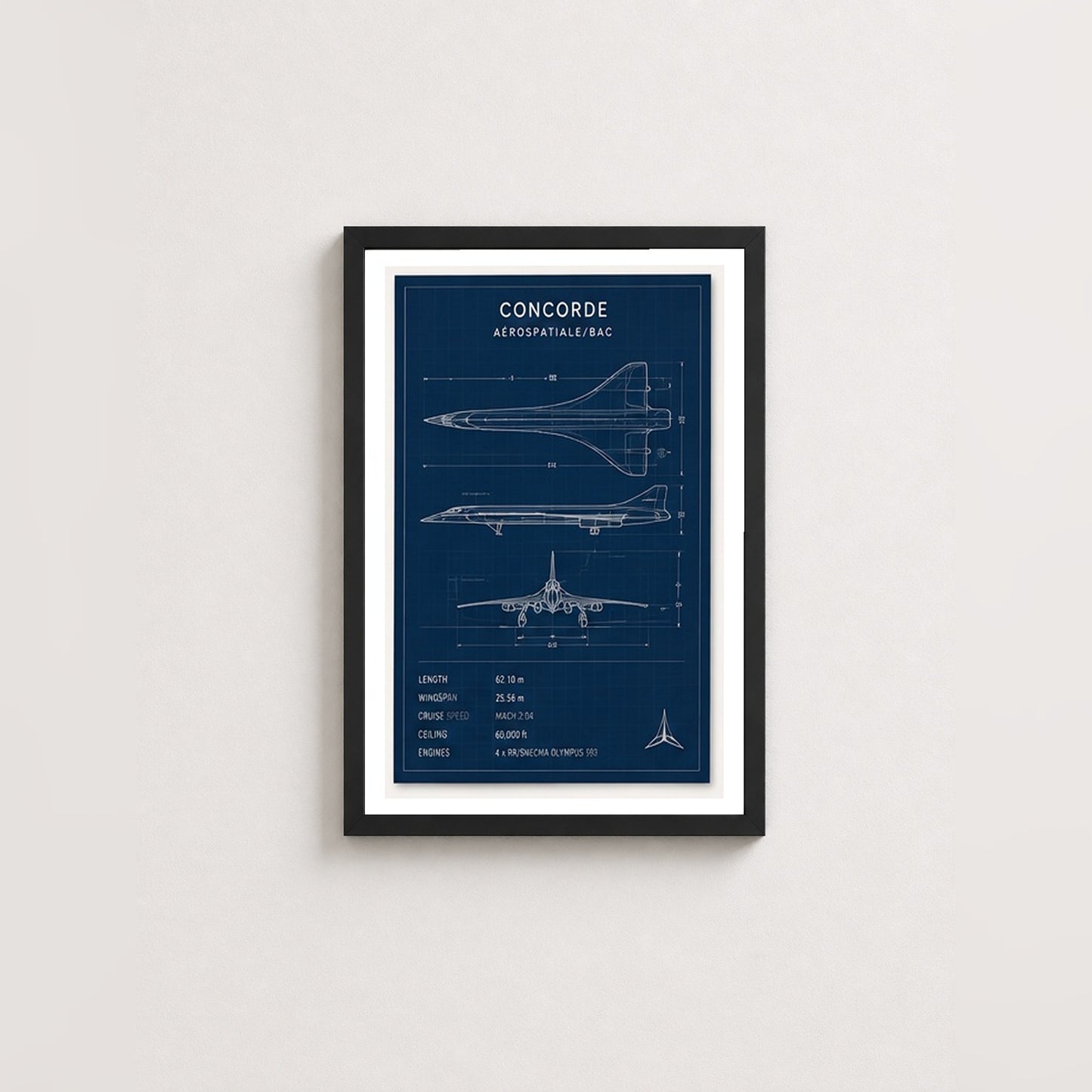 Concorde Teknik Çizimi – Teknik Çerçeveli Poster — Siyah — Paspartulu — TabloLab