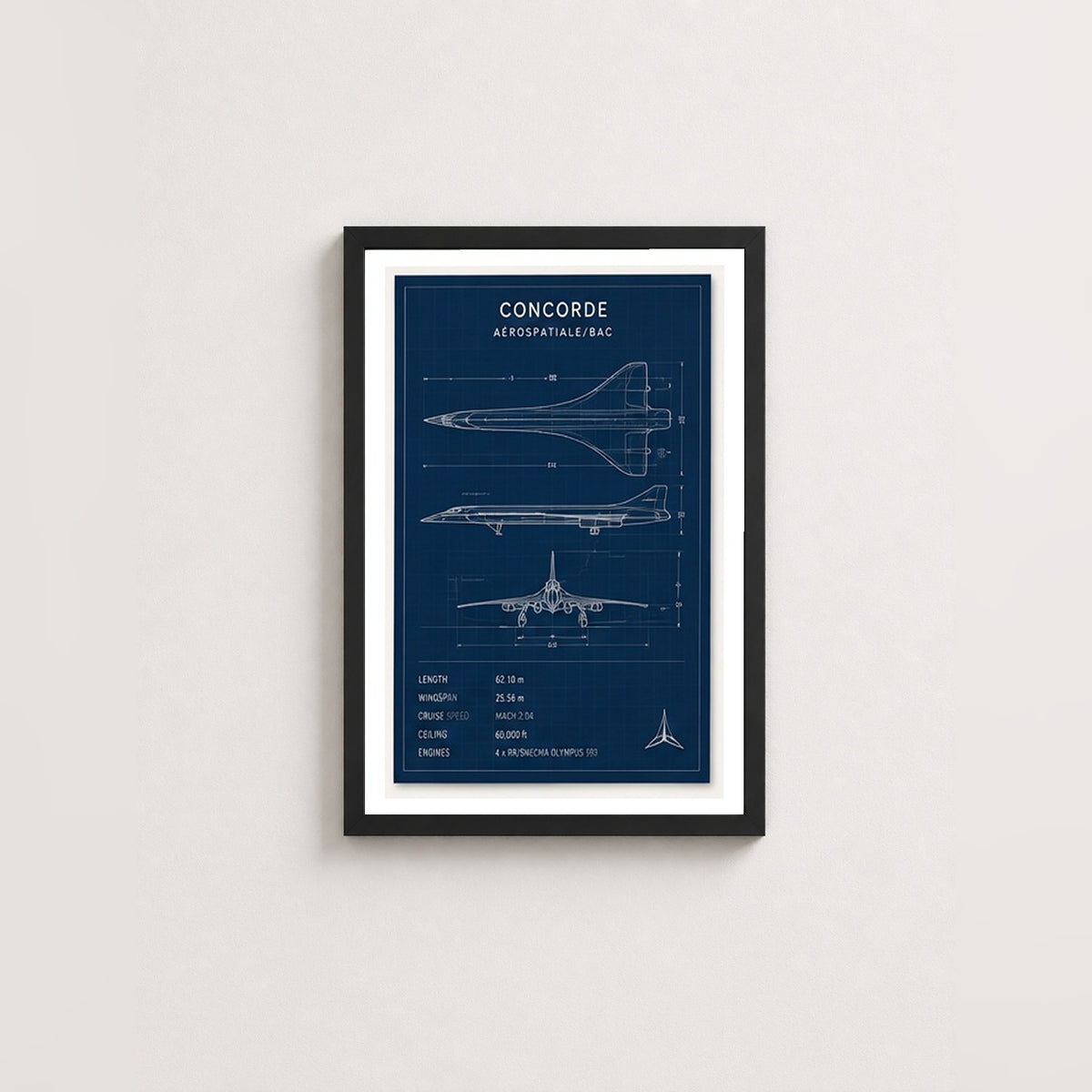 Concorde Teknik Çizimi – Teknik Çerçeveli Poster — Siyah — Paspartulu — TabloLab