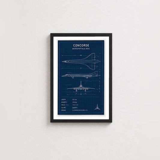 Concorde Teknik Çizimi – Teknik Çerçeveli Poster — Siyah — Paspartulu — TabloLab