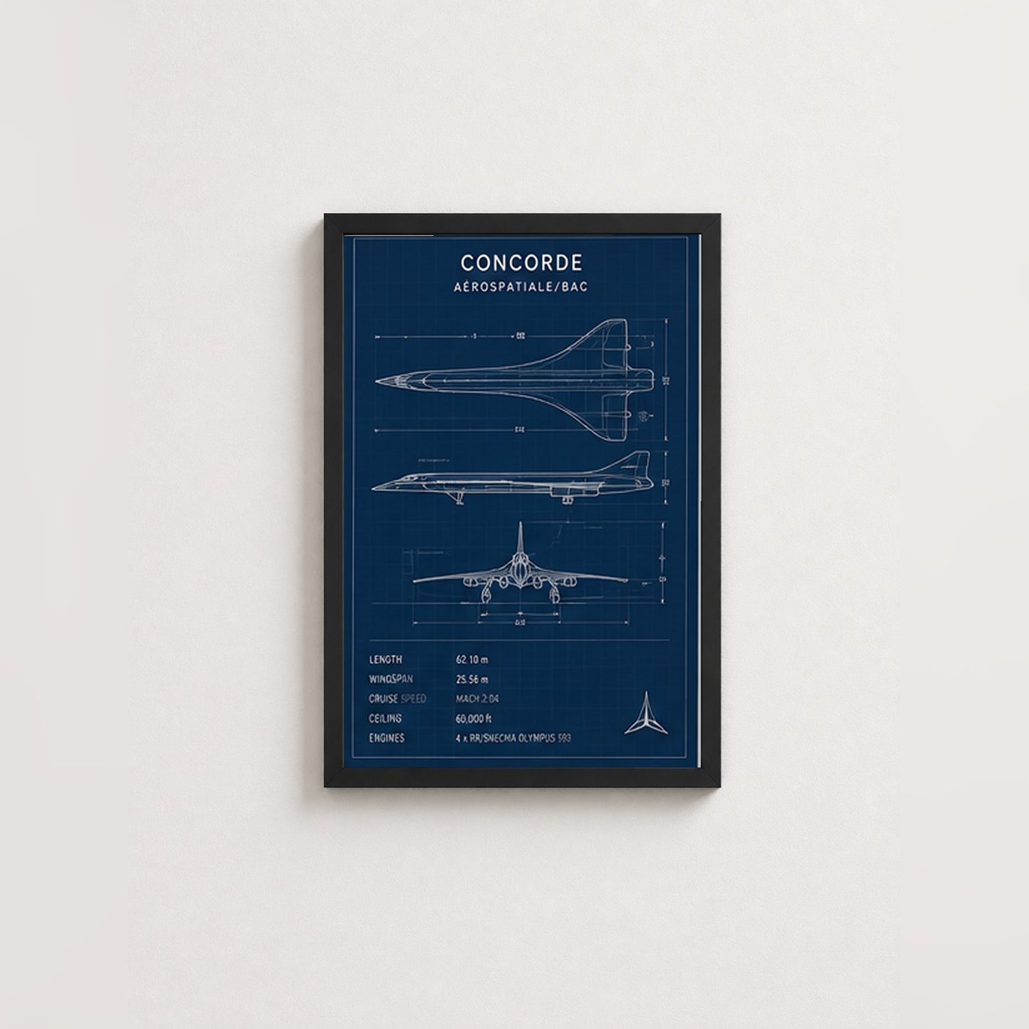 Concorde Teknik Çizimi – Teknik Çerçeveli Poster — Siyah — Paspartusuz — TabloLab