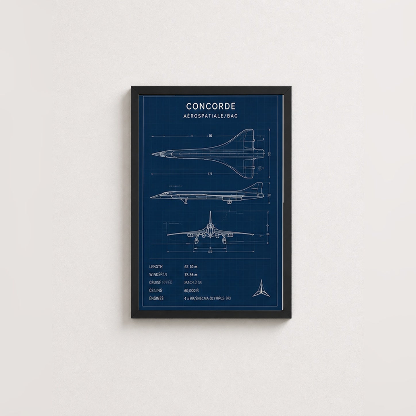 Concorde Teknik Çizimi – Teknik Çerçeveli Poster — Siyah — Paspartusuz — TabloLab