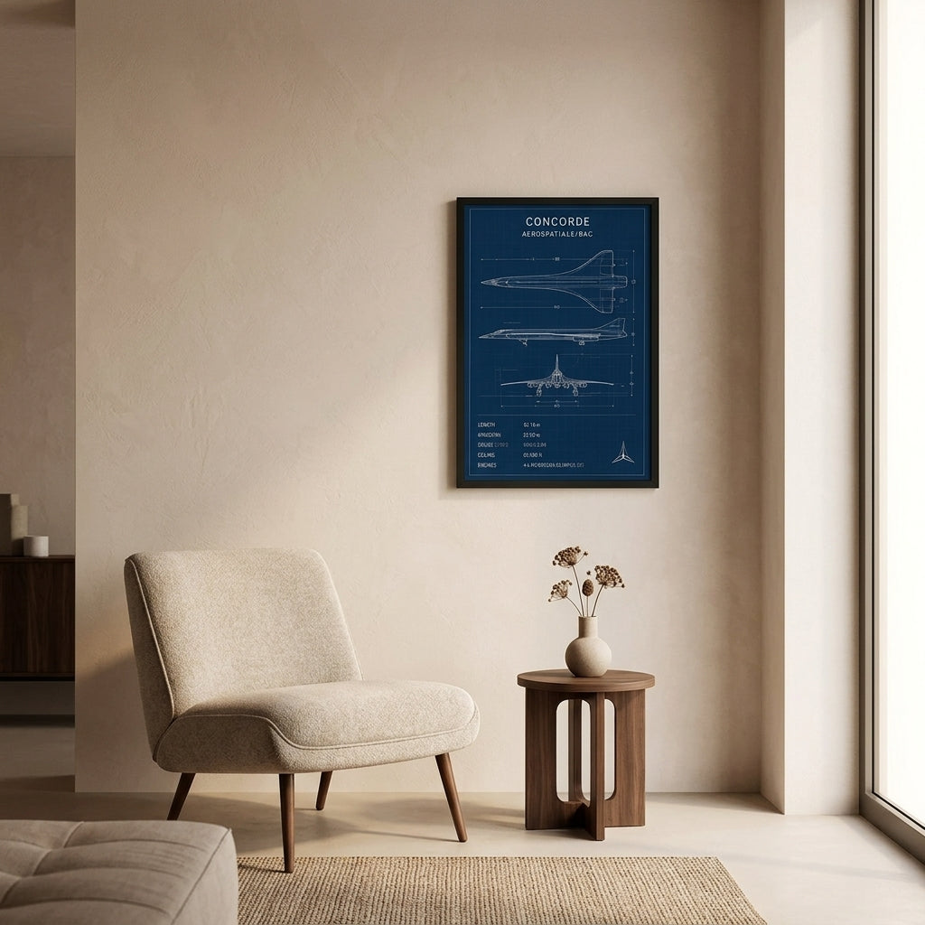 Concorde Teknik Çizimi – Teknik Çerçeveli Poster — Siyah — Paspartusuz — TabloLab