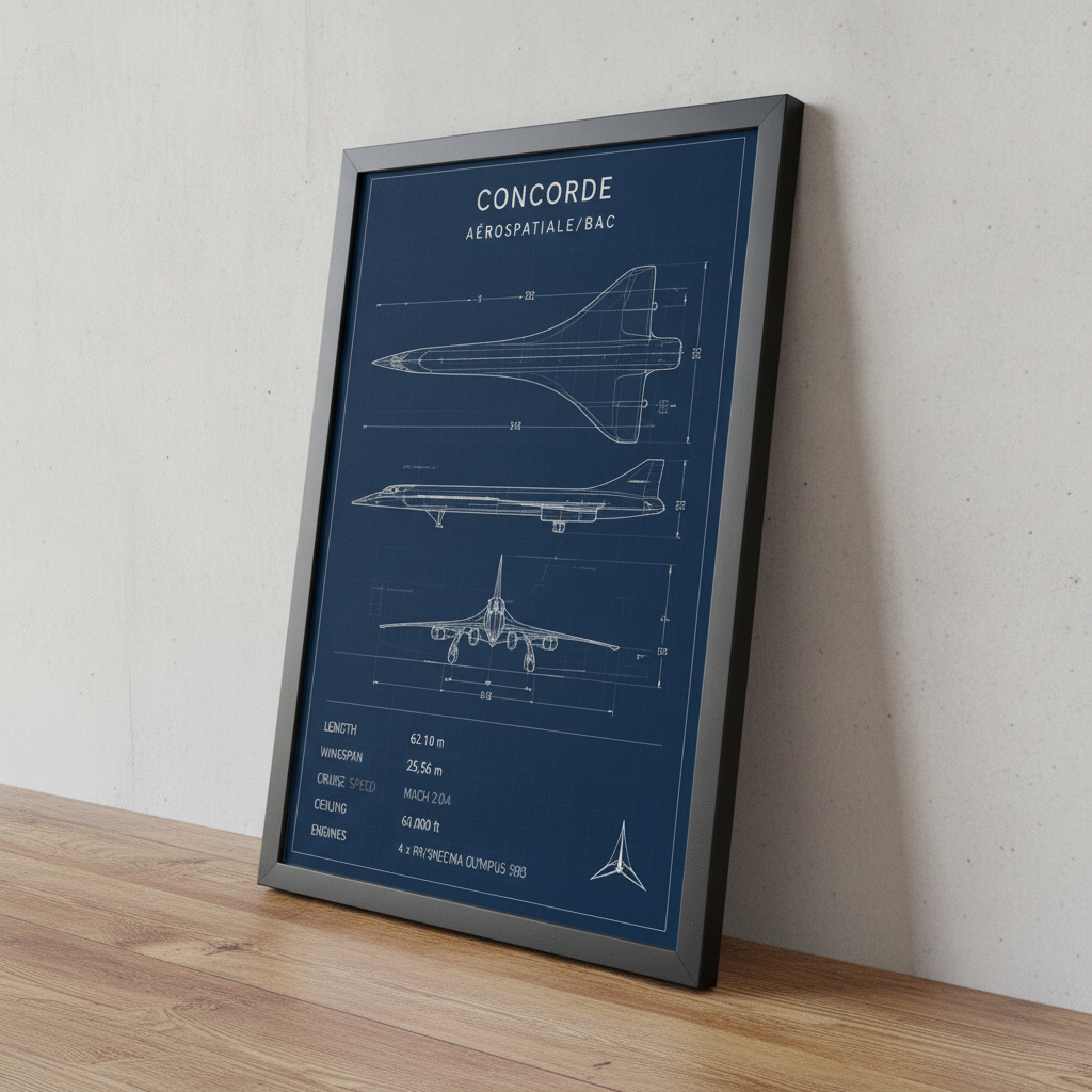 Concorde Teknik Çizimi – Teknik Çerçeveli Poster — Siyah — Paspartusuz — TabloLab