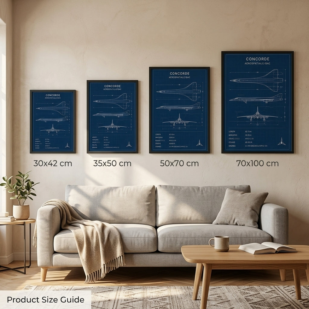 Concorde Teknik Çizimi – Teknik Çerçeveli Poster — Siyah — Paspartusuz — TabloLab