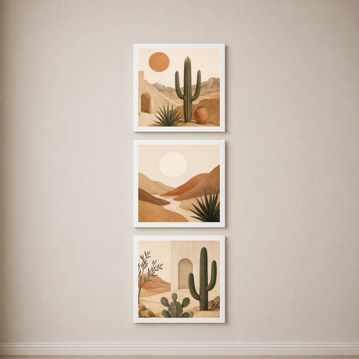Desert Serenity 3’lü Tablo Seti \| Boho Çöl Manzarası \| Kaktüs ve Minimal Duvar Dekoru — Beyaz — Tam Baskı — TabloLab
