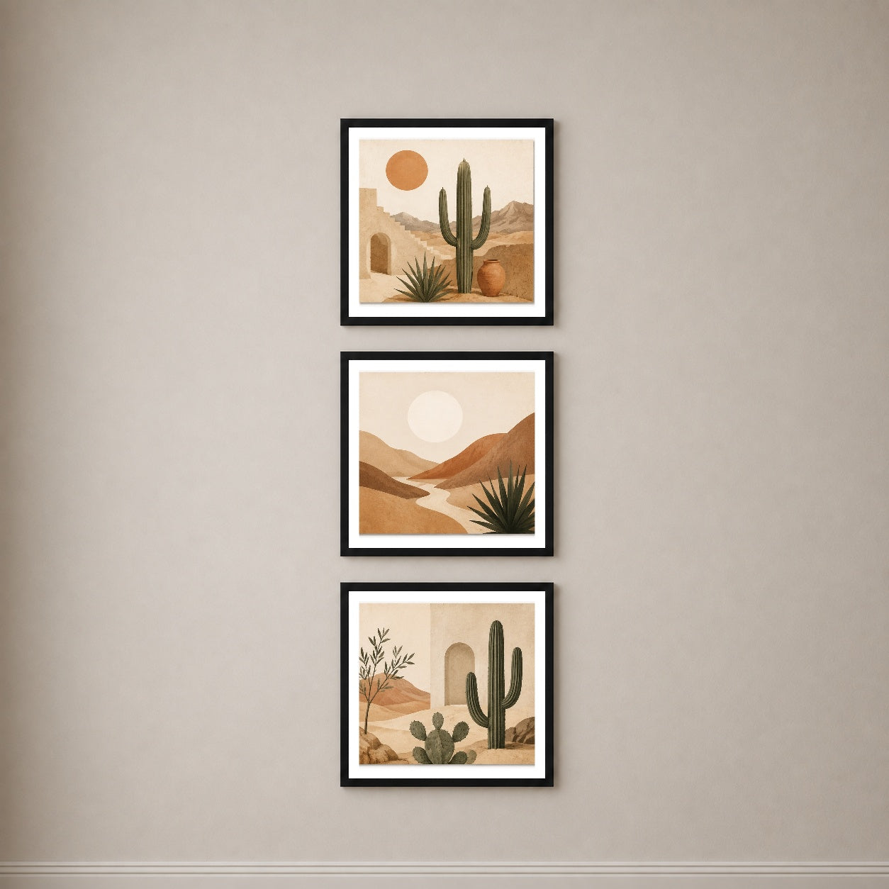 Desert Serenity 3’lü Tablo Seti \| Boho Çöl Manzarası \| Kaktüs ve Minimal Duvar Dekoru — Siyah — Beyaz Kenarlı — TabloLab
