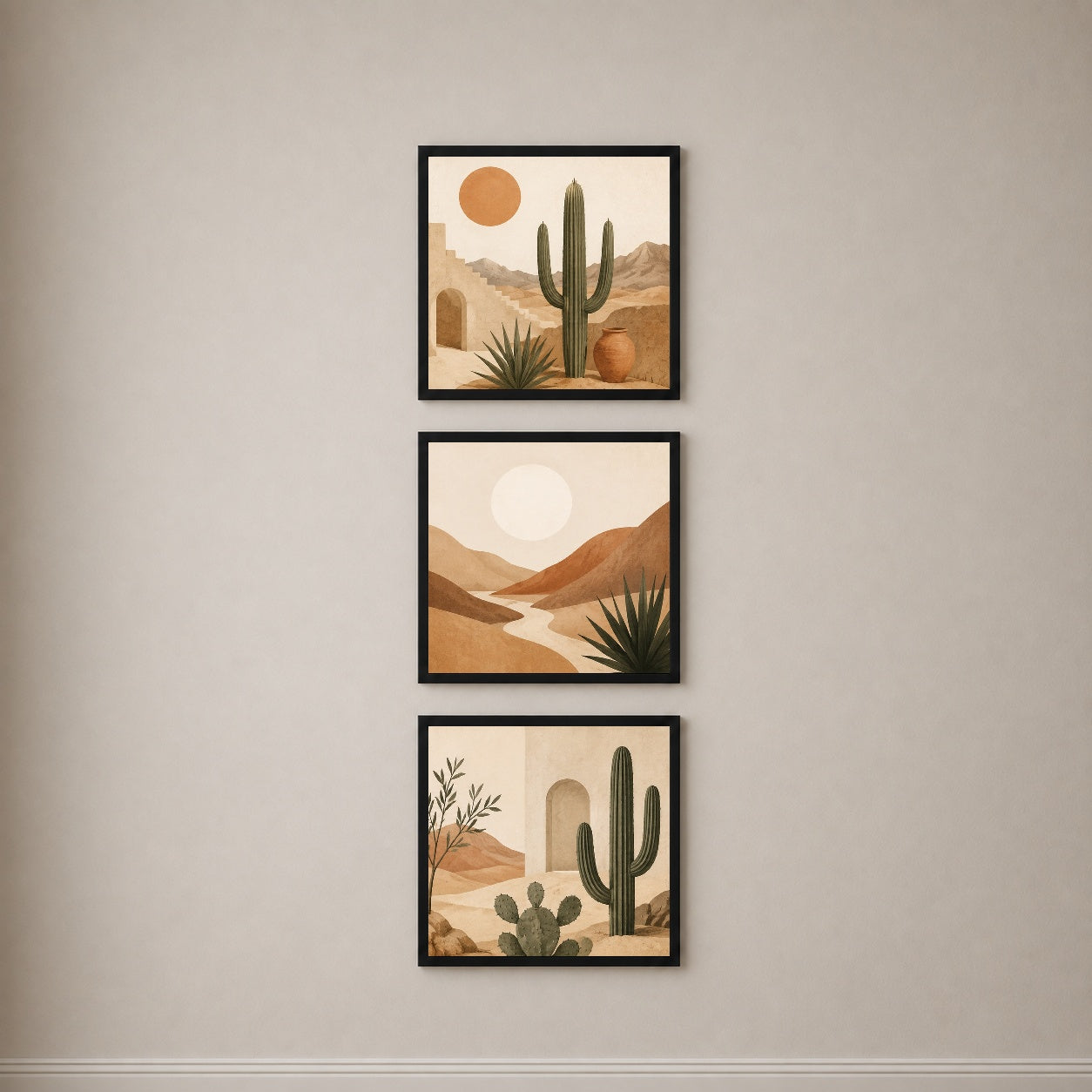 Desert Serenity 3’lü Tablo Seti \| Boho Çöl Manzarası \| Kaktüs ve Minimal Duvar Dekoru — Siyah — Tam Baskı — TabloLab