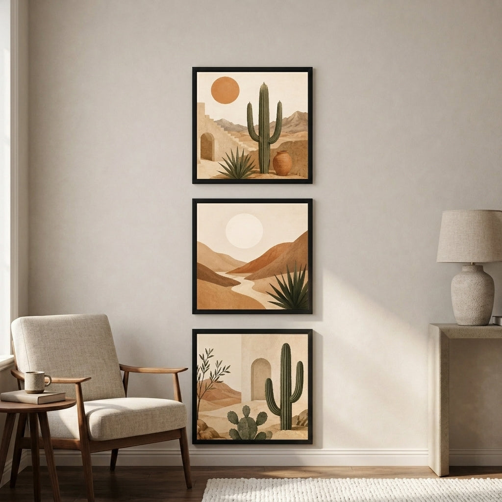 Desert Serenity 3’lü Tablo Seti \| Boho Çöl Manzarası \| Kaktüs ve Minimal Duvar Dekoru — Siyah — Tam Baskı — TabloLab