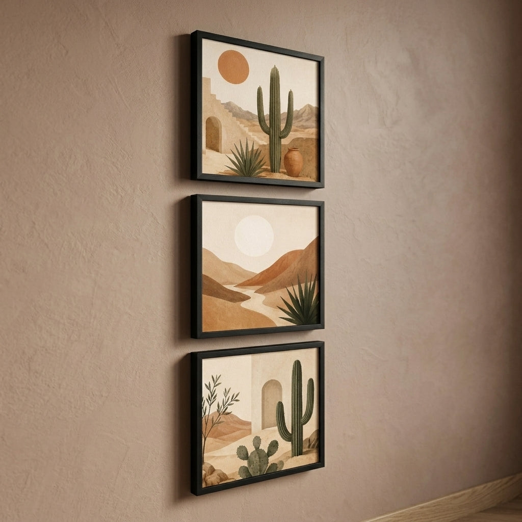 Desert Serenity 3’lü Tablo Seti \| Boho Çöl Manzarası \| Kaktüs ve Minimal Duvar Dekoru — Siyah — Tam Baskı — TabloLab