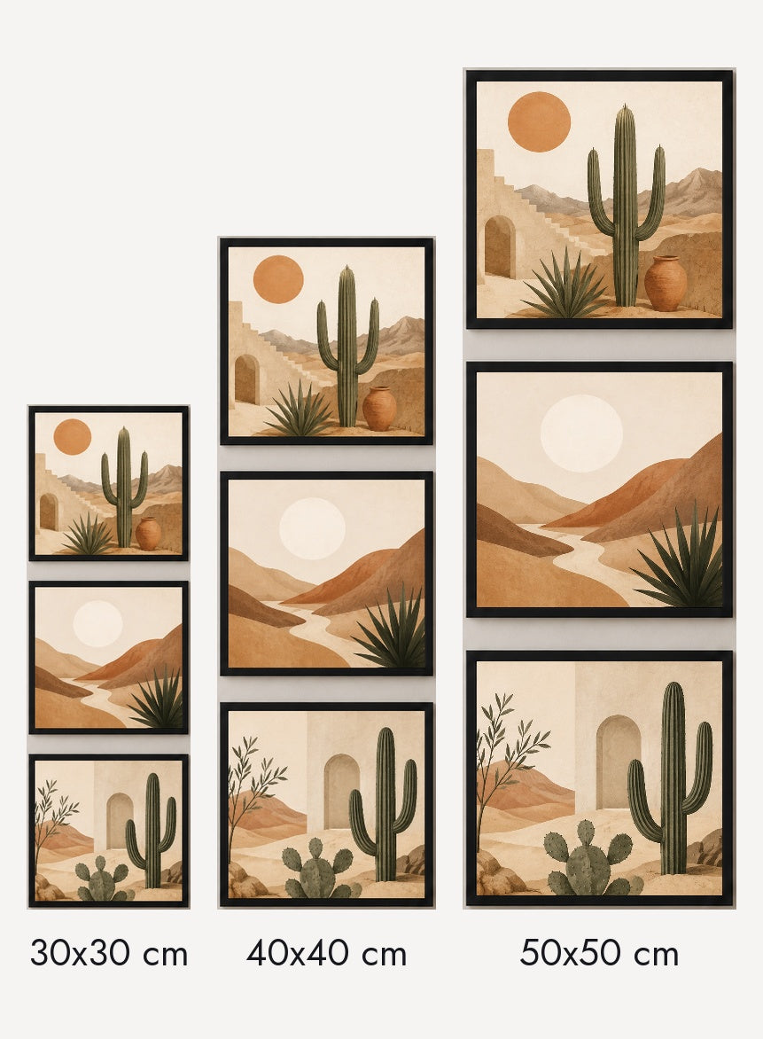 Desert Serenity 3’lü Tablo Seti \| Boho Çöl Manzarası \| Kaktüs ve Minimal Duvar Dekoru — Siyah — Tam Baskı — TabloLab