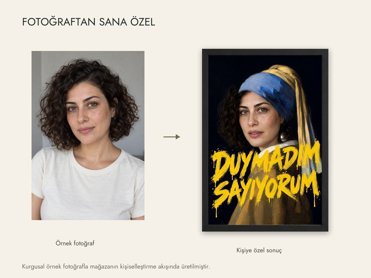 Kurgusal örnek fotoğraf ve aynı fotoğrafın canlı kişiselleştirme sonucu; müşteri fotoğrafı değildir