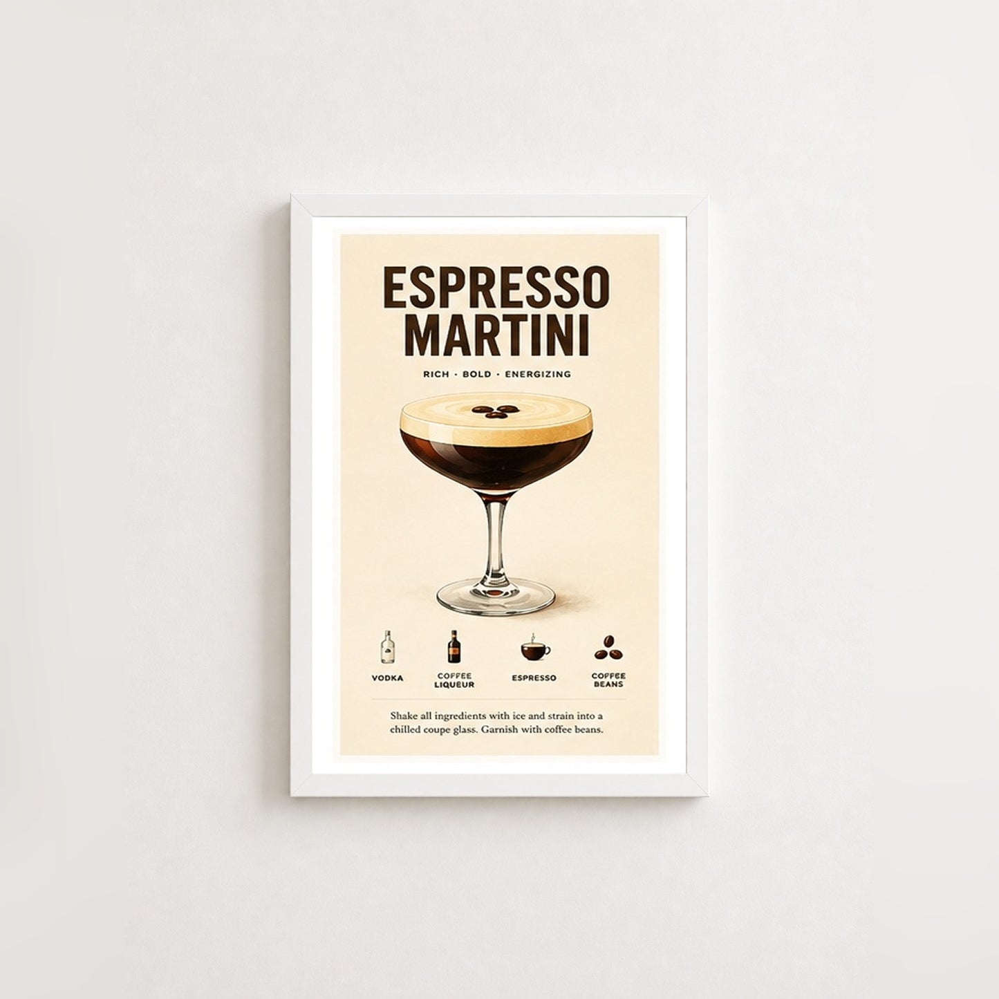 Espresso Martini Keyfi – Vintage Çerçeveli Poster — Beyaz — Paspartulu — TabloLab