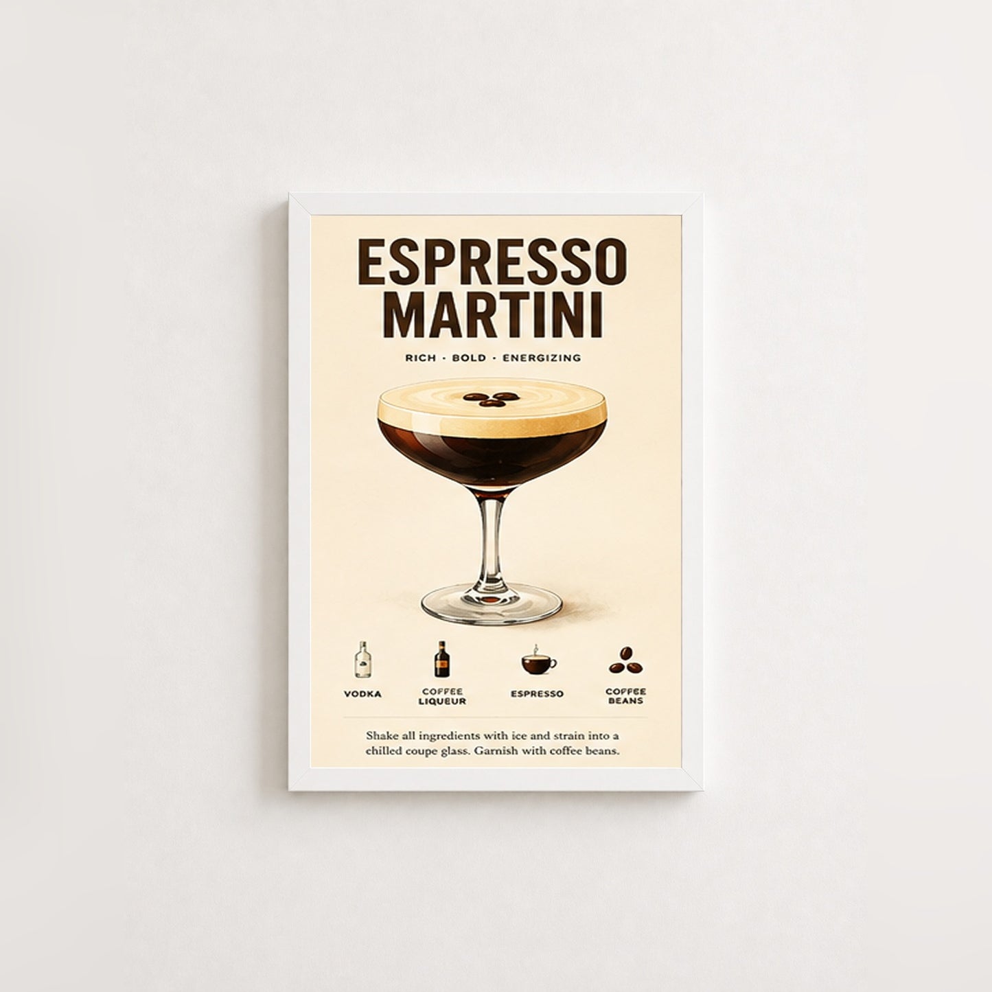 Espresso Martini Keyfi – Vintage Çerçeveli Poster — Beyaz — Paspartusuz — TabloLab
