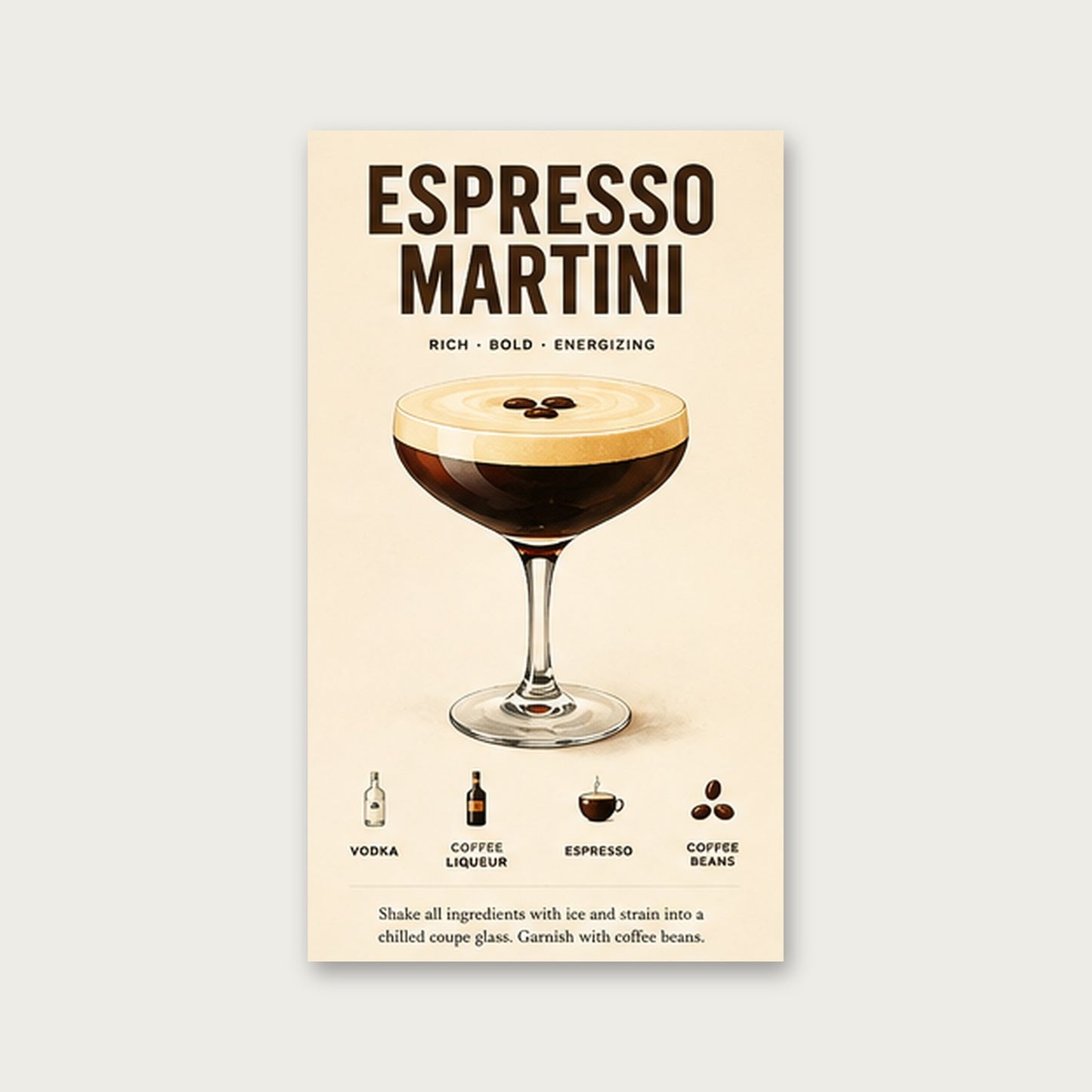 Espresso Martini Keyfi – Vintage Çerçeveli Poster — Çerçevesiz — Paspartusuz — TabloLab