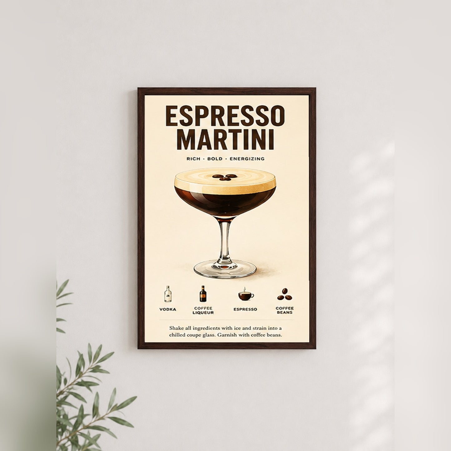 Espresso Martini Keyfi – Vintage Çerçeveli Poster — Ceviz — Paspartusuz — TabloLab