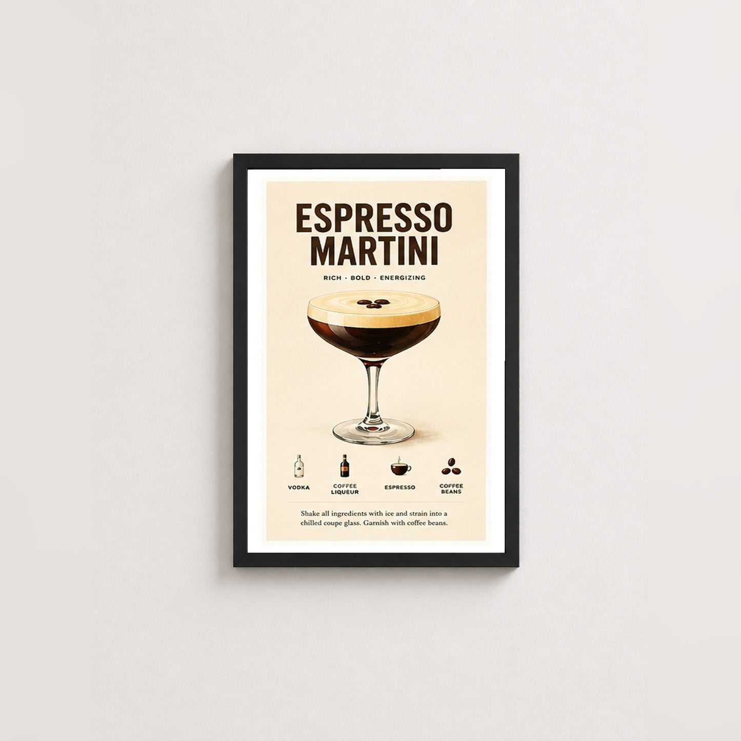Espresso Martini Keyfi – Vintage Çerçeveli Poster — Siyah — Paspartulu — TabloLab