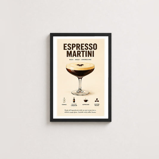 Espresso Martini Keyfi – Vintage Çerçeveli Poster — Siyah — Paspartulu — TabloLab