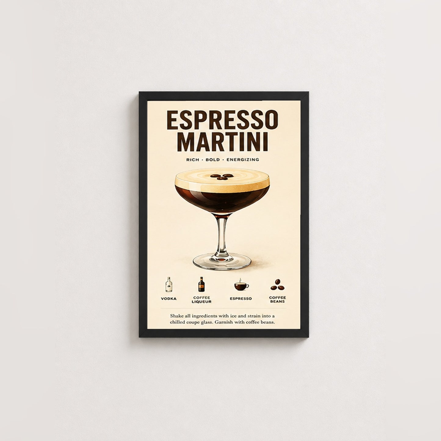 Espresso Martini Keyfi – Vintage Çerçeveli Poster — Siyah — Paspartusuz — TabloLab
